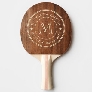 Rustikales Walnuss Holz Hochzeitsmonogramm Stern Tischtennis Schläger