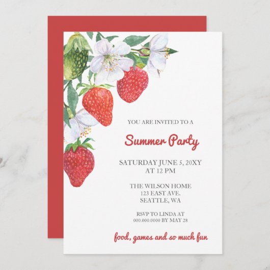 Rustikales Wasser Erdbeeren Sommer Party Einladung (Vorne/Hinten)