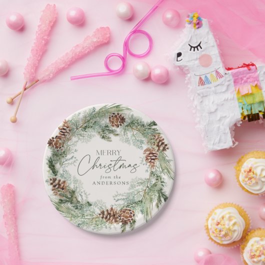 Rustikales Wasserfarben Kieferkraut Frohe Weihnach Pappteller (Party)