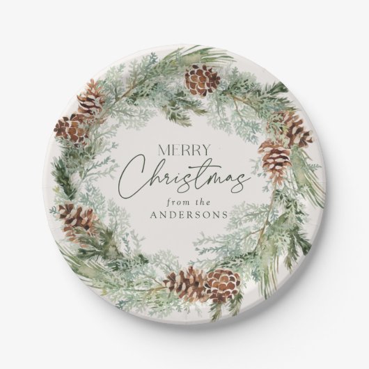 Rustikales Wasserfarben Kieferkraut Frohe Weihnach Pappteller (Vorderseite)