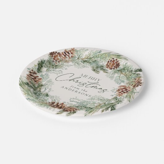 Rustikales Wasserfarben Kieferkraut Frohe Weihnach Pappteller (Schrägansicht)
