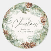 Rustikales Wasserfarben Kieferkraut Frohe Weihnach Runder Aufkleber (Vorderseite)