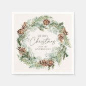 Rustikales Wasserfarben Kieferkraut Frohe Weihnach Serviette (Vorderseite)