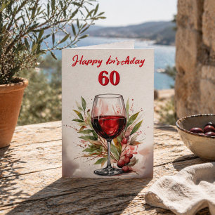 Rustikales Wasserfarben Rotweinglas 60. Geburtstag Karte