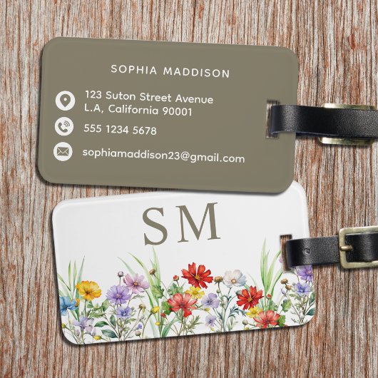 Rustikales Wasserfarben-Wildblumen braun monogramm Gepäckanhänger