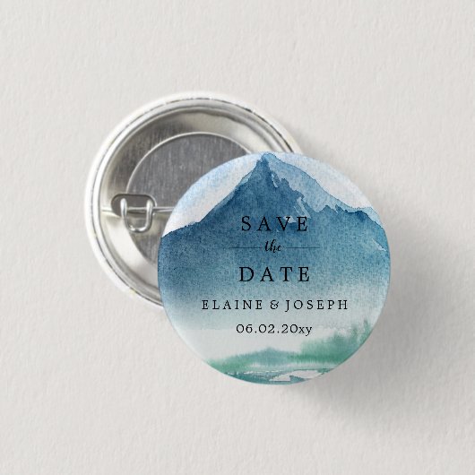 Rustikales Wasserfarbengebirge Save the Date See Button (Vorne & Hinten)