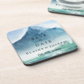 Rustikales Wasserfarbengebirge Save the Date See Getränkeuntersetzer (Linke Seite)