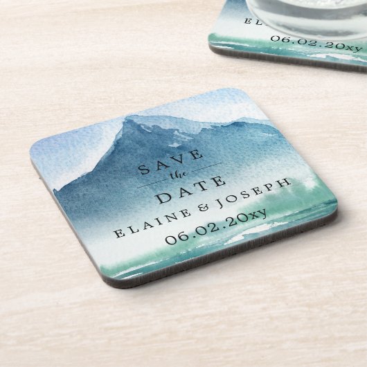 Rustikales Wasserfarbengebirge Save the Date See Getränkeuntersetzer (Linke Seite)