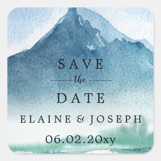 Rustikales Wasserfarbengebirge Save the Date See Quadratischer Aufkleber (Vorderseite)
