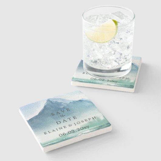 Rustikales Wasserfarbengebirge Save the Date See Steinuntersetzer (Seitenansicht)