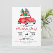 Rustikales Wasserfarbenroter Lkw Weihnachts-Party Einladung (Stehend Vorderseite)