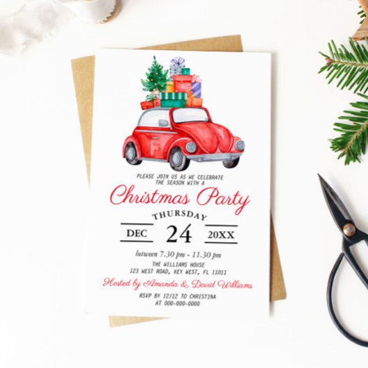 Rustikales Wasserfarbenroter Lkw Weihnachts-Party Einladung