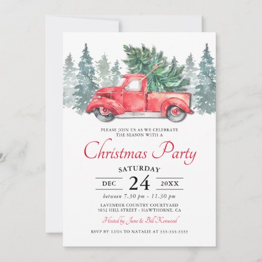 Rustikales Wasserfarbenroter Lkw Weihnachts-Party Einladung (Vorderseite)