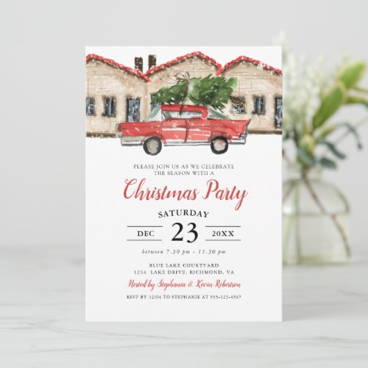 Rustikales Wasserfarbenroter LKW Weihnachts-Party Einladung (Stehend Vorderseite)