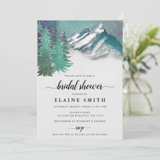 Rustikales Wasserfarbgebirge Pine Brautparty Einladung (Stehend Vorderseite)