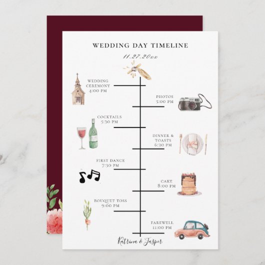 Rustikales Watercolor Burgundy Hochzeitszeitschrif Programm (Vorne/Hinten)