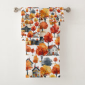 Rustikales Watercolor Wald Village Muster Badhandtuch Set (Insitu)