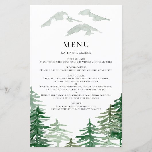 Rustikales Watercolor Woodland Wedding Menu Card (Vorderseite)
