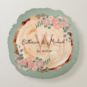 Rustikales Watercolor Woods Slice Sage Green Rundes Kissen