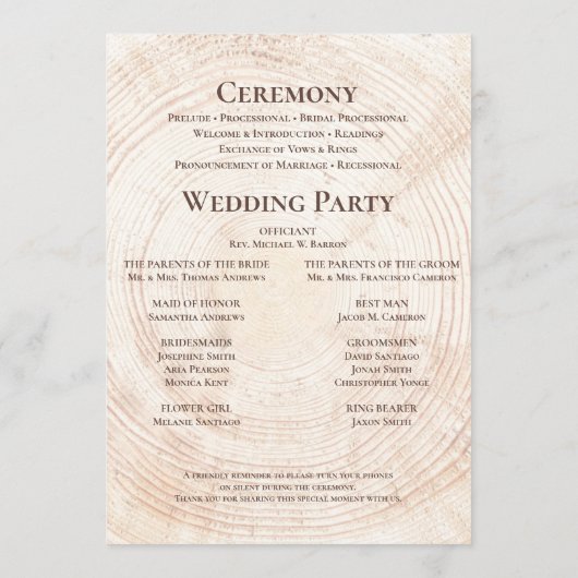 Rustikales Wedding.wood Tree Barke Custom Program Programm (Rückseite)