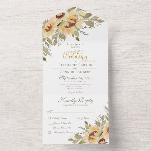 Rustikales, weich gelbe Sonnenblumen Abendessen All In One Einladung (Innen Boden)