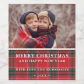 Rustikales Weihnachten Kariertes Rotes Grün Foto Weinetikett (Einzelnes Label)