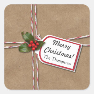 Rustikales Weihnachten Kraftpapier Stechpalme Froh Quadratischer Aufkleber