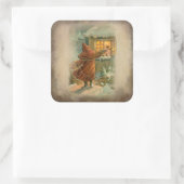 Rustikales Weihnachten mit Kindern im Fenster Quadratischer Aufkleber (Tasche)