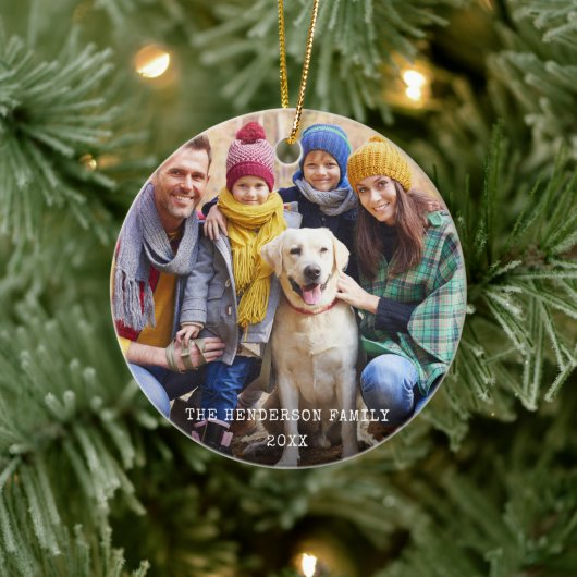 Rustikales Weihnachts-Foto Rote Schneeflocken zurü Keramik Ornament (Baum)