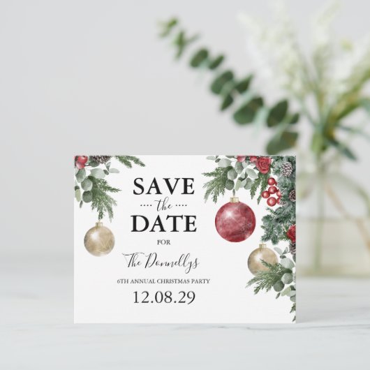 Rustikales Weihnachts-Party Save the Date Ankündigungspostkarte (Stehend Vorderseite)