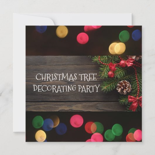 Rustikales Weihnachtsbaumtrimmen Party Bokeh Light Einladung (Vorderseite)