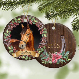 Rustikales Weihnachtsbrauch Pferdefoto Keramik Ornament
