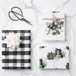 Rustikales Weihnachtsbüffel Karo Sleigh Geschenkpapier Set