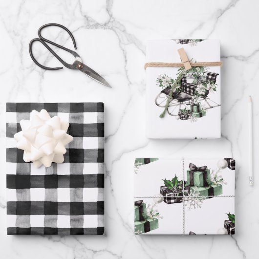 Rustikales Weihnachtsbüffel Karo Sleigh Geschenkpapier Set (Vorderseite)