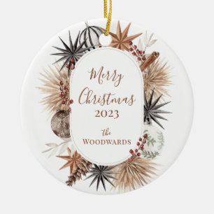 Rustikales Weihnachtsdesign mit Familienname Keramik Ornament
