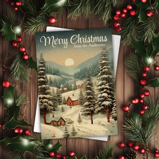 Rustikales Weihnachtsdorf mit Schnee Feiertagskarte