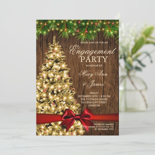 Rustikales WeihnachtsEngagement Party Tree & Ribbo Einladung (Stehend Vorderseite)