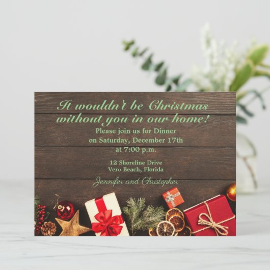 Rustikales Weihnachtsessen Einladung (Stehend Vorderseite)
