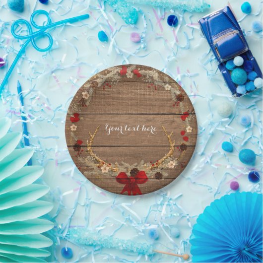 Rustikales Weihnachtsfeind Wreath Wood & Lights Pappteller (Party)