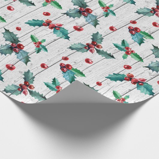 Rustikales Weihnachtsfest auf weißem Holzmuster Geschenkpapier (Ecke)