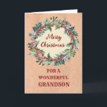 Rustikales Weihnachtsfest Grandson Frohe Weihnacht Karte<br><div class="desc">Frohe Weihnachten für Enkel mit rustikalem Weihnachtskranz,  Vintagem Papiermuster und nachdenklichem Vers.</div>