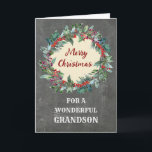 Rustikales Weihnachtsfest Grandson Weihnachten Karte<br><div class="desc">Frohe Weihnachten für Enkelkarte mit rustikalem Weihnachtskranz,  Vintagem Chalkboardmuster und nachdenklichem Vers.</div>