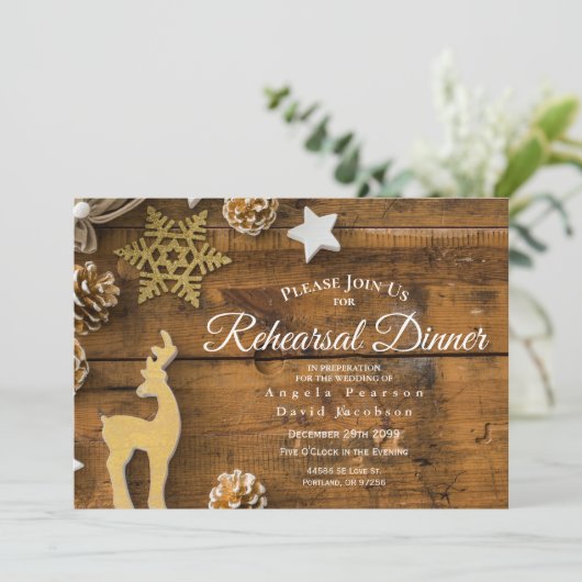 Rustikales Weihnachtsfest im Lande Probe Abendesse Einladung (Stehend Vorderseite)