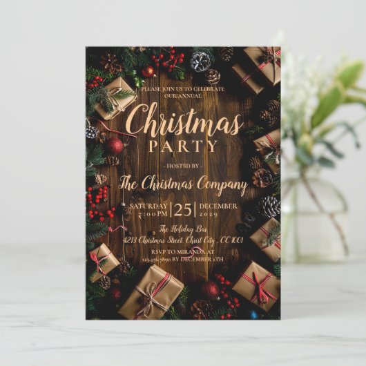 Rustikales Weihnachtsfest-Party Einladung (Stehend Vorderseite)