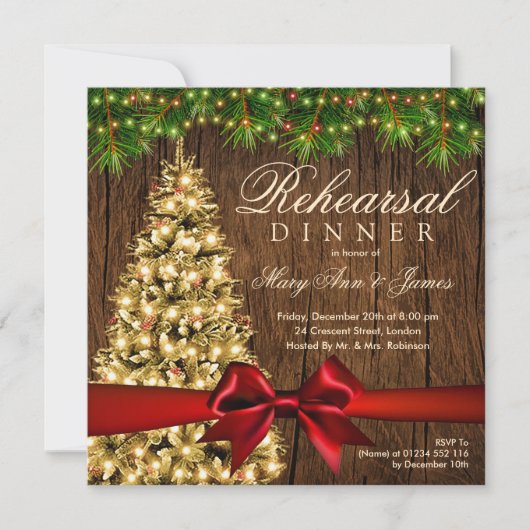 Rustikales Weihnachtsfest Probe Dinner Tree & Ribb Einladung (Vorderseite)
