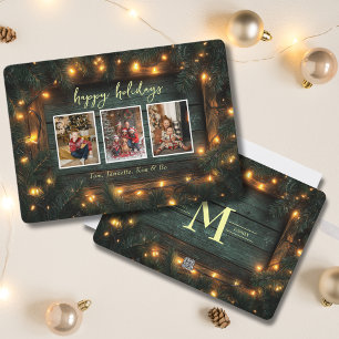 Rustikales Weihnachtsfoto Collage Pine Garland Lig Feiertagskarte