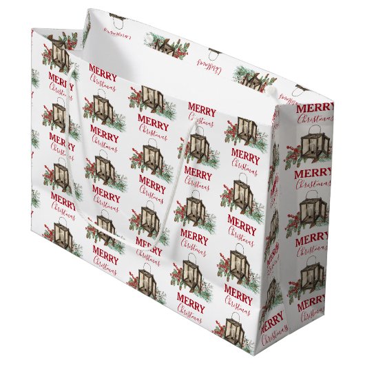 Rustikales Weihnachtsgebäck Laterne Pine Berries Große Geschenktüte (Vorderseite Schrägansicht)