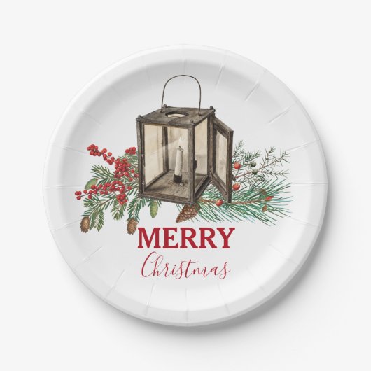 Rustikales Weihnachtsgebäck Laterne Pine Berries Pappteller (Vorderseite)