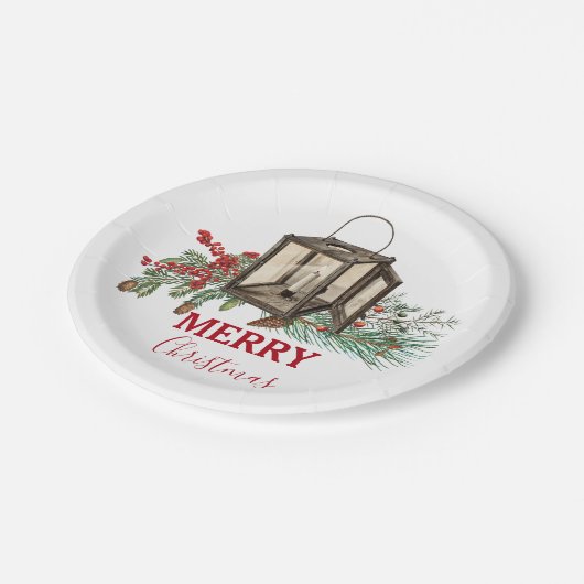 Rustikales Weihnachtsgebäck Laterne Pine Berries Pappteller (Schrägansicht)