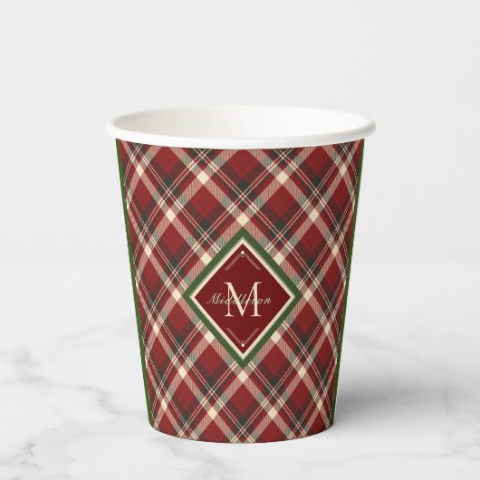 Rustikales Weihnachtsgrün Kariert Simple Monogram Pappbecher (Rückseite)
